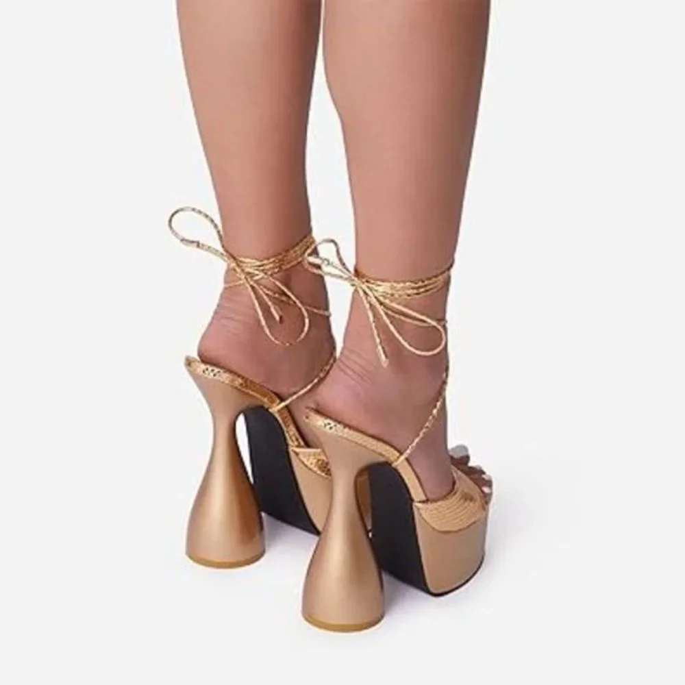 MissHeel Lace Up Open Toe Platform High Heel Sandals Chunky Block Fantas…